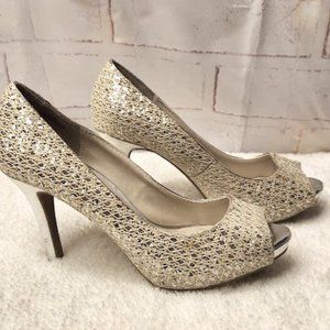 Audrey Brooke Metallic and Lace Peep Toe Heel